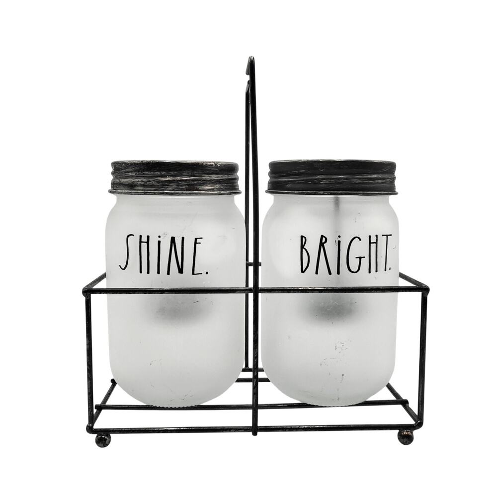 Rae Dunn "SHINE BRIGHT" Frosted Glass Mason Jar Set Black Tustic Metal Caddy